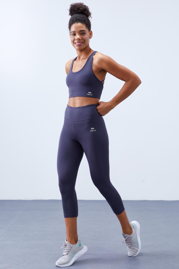 Antrasit Yüksek Bel Toparlayıcı Çapraz Sırt Detaylı Slim Fit Kadın Tayt Takım - 95283 - 5