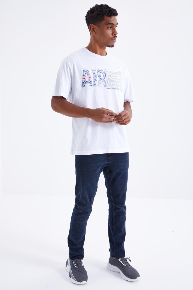 Tommy Life Beyaz Air Baskılı O Yaka Erkek Oversize T-Shirt - 88097. 2 Tommy Life Beyaz Air Baskılı O Yaka Erkek Oversize T-Shirt - 88097. 2