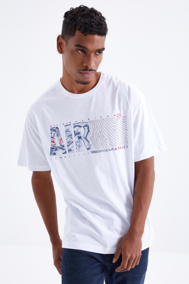 Tommy Life Beyaz Air Baskılı O Yaka Erkek Oversize T-Shirt - 88097. 7