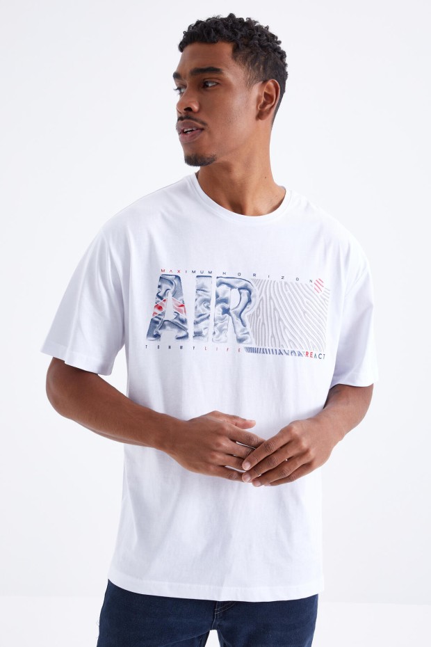 Tommy Life Beyaz Air Baskılı O Yaka Erkek Oversize T-Shirt - 88097. 6