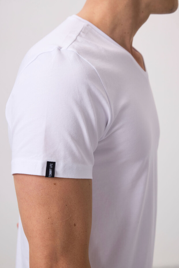 Beyaz Basic Kısa Kol Standart Kalıp V Yaka Erkek T-Shirt - 87912 - 3