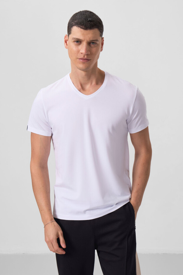 Beyaz Basic Kısa Kol Standart Kalıp V Yaka Erkek T-Shirt - 87912 - 1