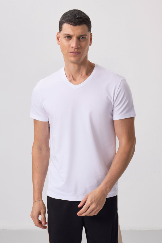 Beyaz Basic Kısa Kol Standart Kalıp V Yaka Erkek T-Shirt - 87912 - 4