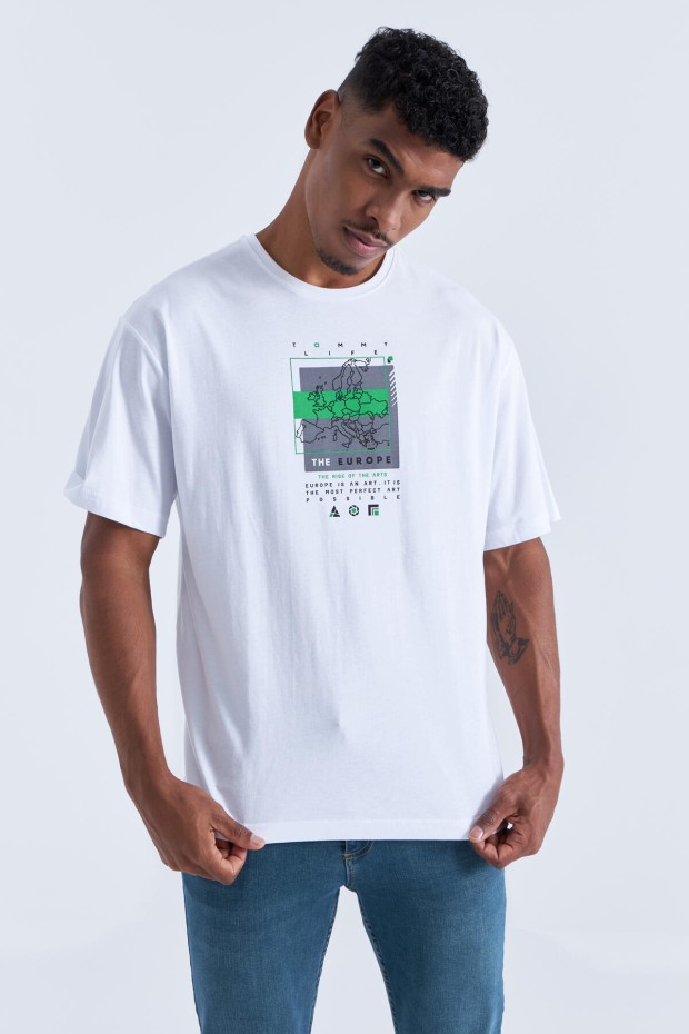 Tommy Life Beyaz Baskı Detaylı O Yaka Erkek Oversize T-Shirt - 88094. 6