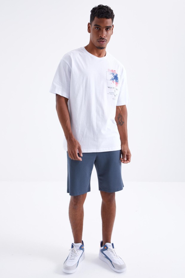 Tommy Life Beyaz Baskı Detaylı O Yaka Erkek Oversize T-Shirt - 88099. 1