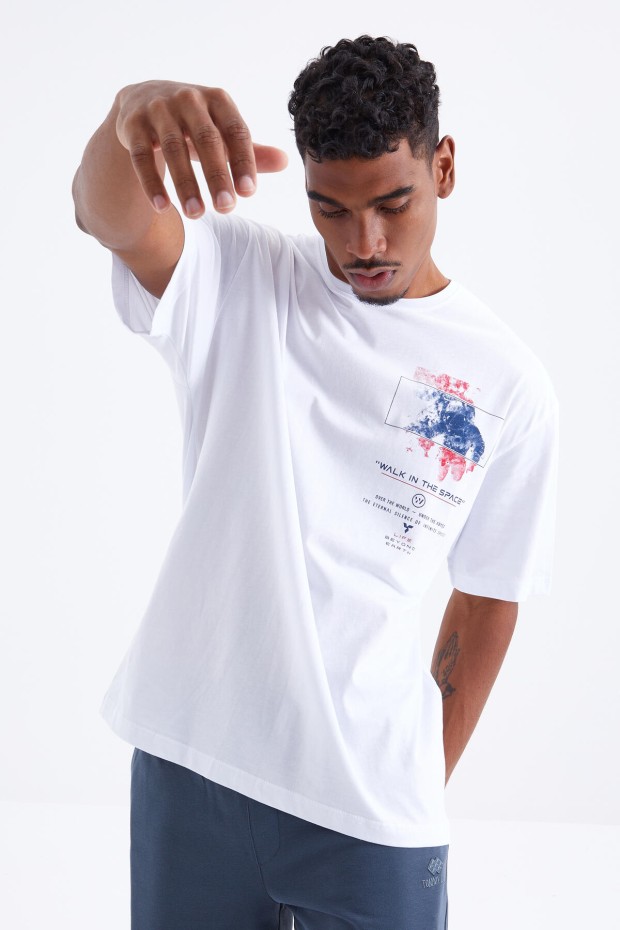 Tommy Life Beyaz Baskı Detaylı O Yaka Erkek Oversize T-Shirt - 88099. 8