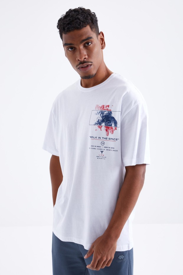 Tommy Life Beyaz Baskı Detaylı O Yaka Erkek Oversize T-Shirt - 88099. 5