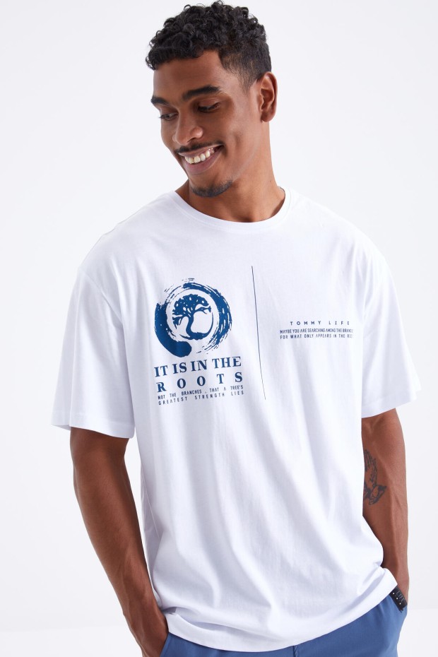 Tommy Life Beyaz Minimal Baskılı O Yaka Erkek Oversize T-Shirt - 88096. 3