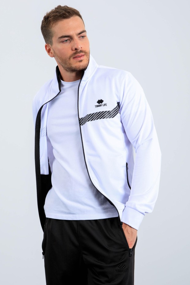 Tommy Life Beyaz - Siyah Dik Yaka Fermuarlı Standart Kalıp Erkek Eşofman Takımı - 85163. 2 Tommy Life Beyaz - Siyah Dik Yaka Fermuarlı Standart Kalıp Erkek Eşofman Takımı - 85163. 2