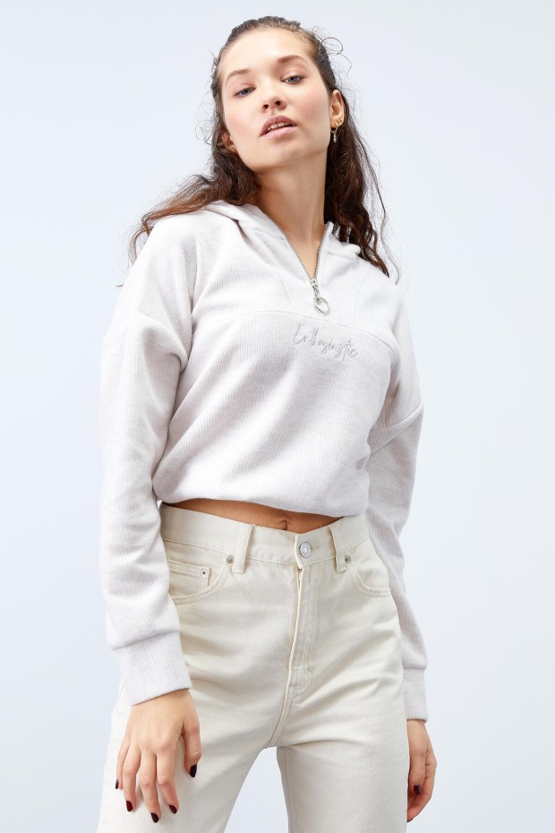 Tommy Life Bisküvi Melanj Kapüşonlu Yarım Fermuar Selanik Kadın Oversize Triko Crop Top Sweathirt - 97193. 3 Tommy Life Bisküvi Melanj Kapüşonlu Yarım Fermuar Selanik Kadın Oversize Triko Crop Top Sweathirt - 97193. 3