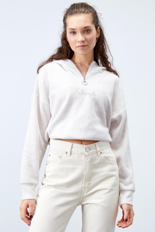 Tommy Life Bisküvi Melanj Kapüşonlu Yarım Fermuar Selanik Kadın Oversize Triko Crop Top Sweathirt - 97193. 1 Tommy Life Bisküvi Melanj Kapüşonlu Yarım Fermuar Selanik Kadın Oversize Triko Crop Top Sweathirt - 97193. 1