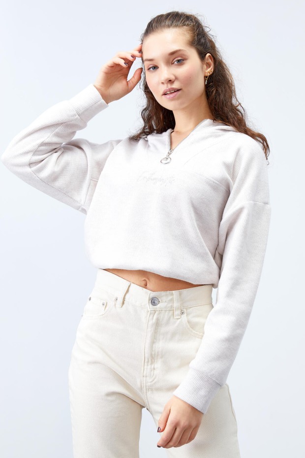 Tommy Life Bisküvi Melanj Kapüşonlu Yarım Fermuar Selanik Kadın Oversize Triko Crop Top Sweathirt - 97193. 8 Tommy Life Bisküvi Melanj Kapüşonlu Yarım Fermuar Selanik Kadın Oversize Triko Crop Top Sweathirt - 97193. 8