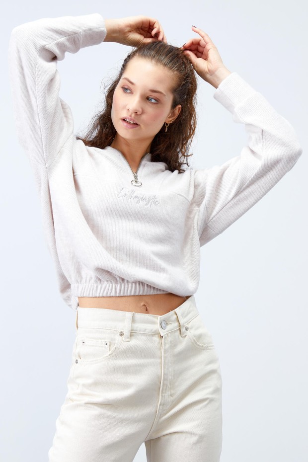 Tommy Life Bisküvi Melanj Kapüşonlu Yarım Fermuar Selanik Kadın Oversize Triko Crop Top Sweathirt - 97193. 6 Tommy Life Bisküvi Melanj Kapüşonlu Yarım Fermuar Selanik Kadın Oversize Triko Crop Top Sweathirt - 97193. 6