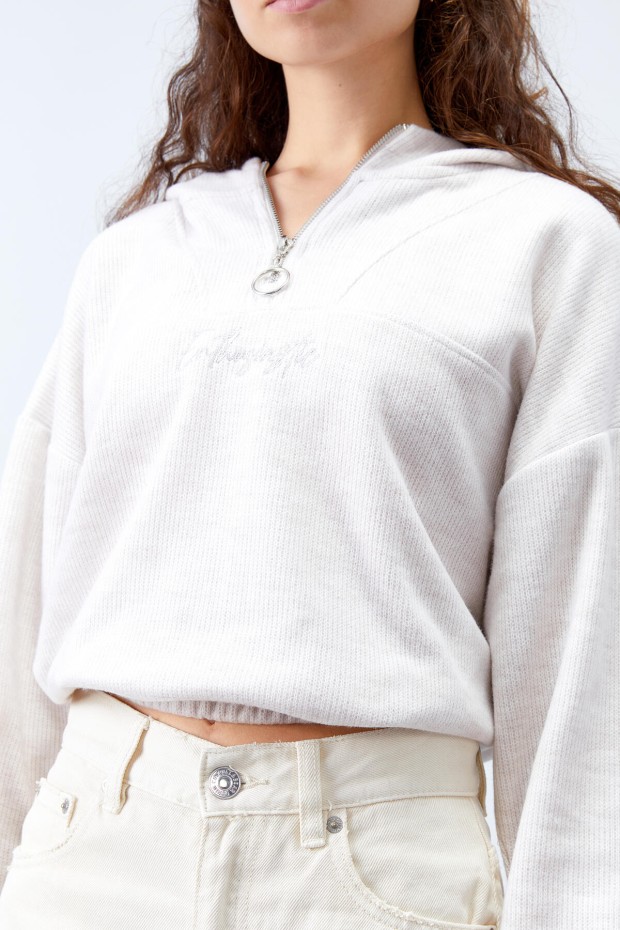 Tommy Life Bisküvi Melanj Kapüşonlu Yarım Fermuar Selanik Kadın Oversize Triko Crop Top Sweathirt - 97193. 4 Tommy Life Bisküvi Melanj Kapüşonlu Yarım Fermuar Selanik Kadın Oversize Triko Crop Top Sweathirt - 97193. 4