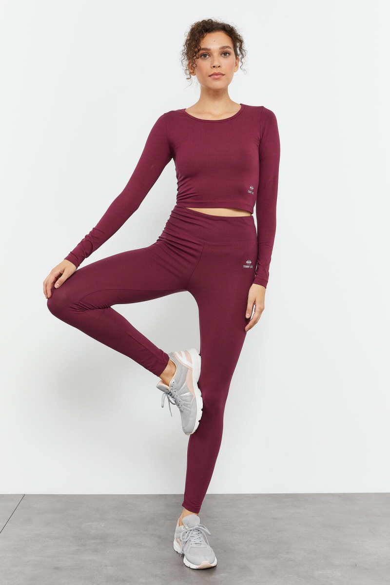 Bordo Uzun Kollu Dar Kalıp O Yaka Kadın Crop Top T-Shirt - 97150 - 2