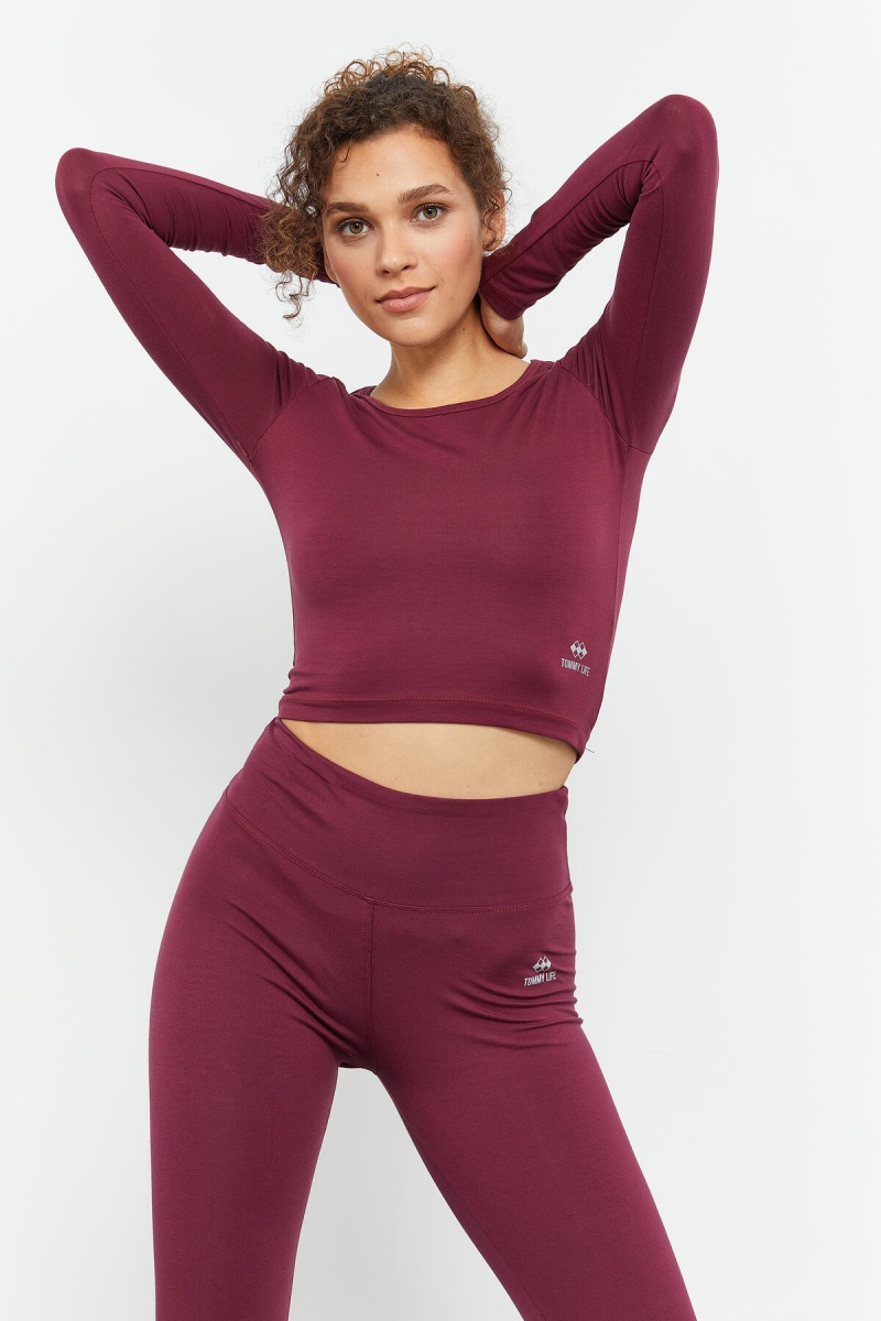 Bordo Uzun Kollu Dar Kalıp O Yaka Kadın Crop Top T-Shirt - 97150 - 5