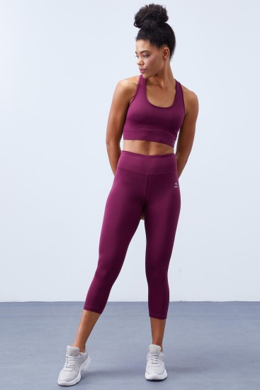 Bordo Yüksek Bel Toparlayıcı Çapraz Sırt Detaylı Slim Fit Kadın Tayt Takım - 95283 