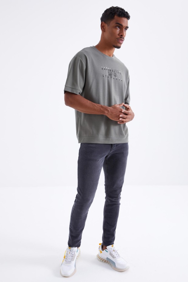 Tommy Life Çağla Küçük Yazı Nakışlı O Yaka Erkek Oversize T-Shirt - 88103. 4