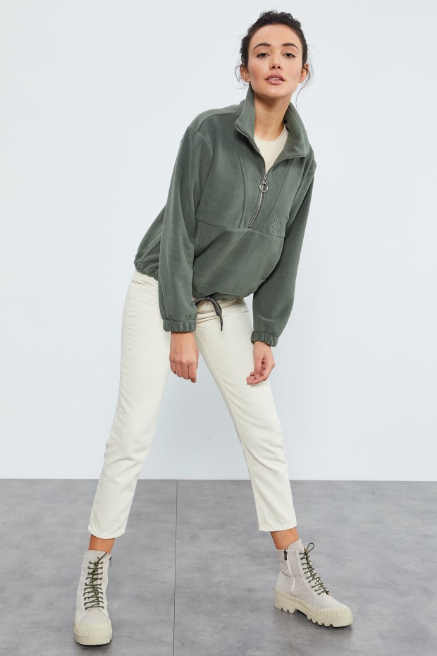 Çağla Yarım Fermuar Etek Ucu Büzgülü Kadın Polar Oversize Sweatshirt - 97171 - 2
