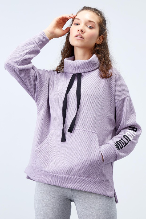 Tommy Life Eflatun Büzgülü Bağcıklı Yaka Nakışlı Selanik Triko Kadın Oversize Sweatshirt - 97197. 3