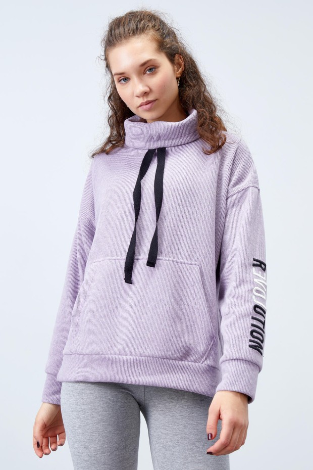 Tommy Life Eflatun Büzgülü Bağcıklı Yaka Nakışlı Selanik Triko Kadın Oversize Sweatshirt - 97197. 1