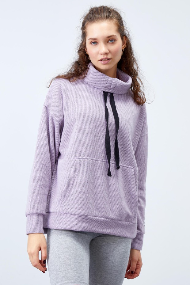 Tommy Life Eflatun Büzgülü Bağcıklı Yaka Nakışlı Selanik Triko Kadın Oversize Sweatshirt - 97197. 5 Tommy Life Eflatun Büzgülü Bağcıklı Yaka Nakışlı Selanik Triko Kadın Oversize Sweatshirt - 97197. 5