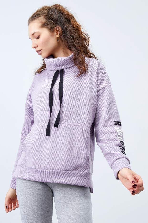 Tommy Life Eflatun Büzgülü Bağcıklı Yaka Nakışlı Selanik Triko Kadın Oversize Sweatshirt - 97197. 4 Tommy Life Eflatun Büzgülü Bağcıklı Yaka Nakışlı Selanik Triko Kadın Oversize Sweatshirt - 97197. 4
