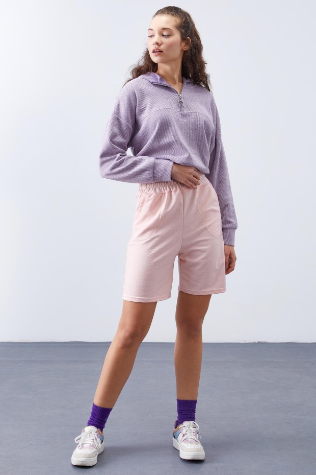 Tommy Life Eflatun Kapüşonlu Yarım Fermuar Selanik Kadın Oversize Triko Crop Top Sweathirt - 97193. 7 Tommy Life Eflatun Kapüşonlu Yarım Fermuar Selanik Kadın Oversize Triko Crop Top Sweathirt - 97193. 7