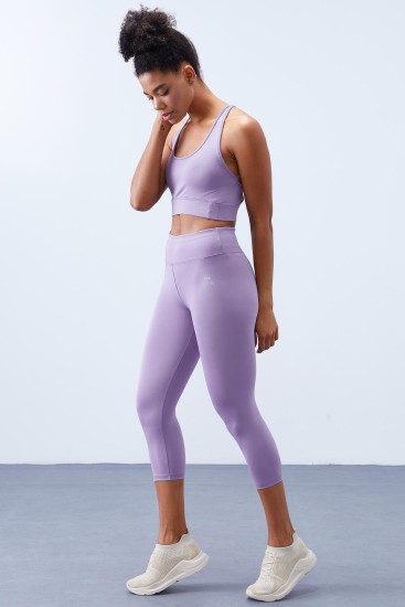 Eflatun Yüksek Bel Toparlayıcı Çapraz Sırt Detaylı Slim Fit Kadın Tayt Takım - 95283 