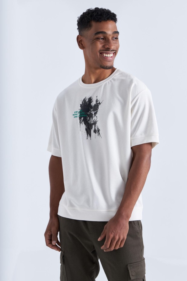 Tommy Life Ekru Baskılı Yazı Nakışlı O Yaka Erkek Oversize T-Shirt - 88105. 3 Tommy Life Ekru Baskılı Yazı Nakışlı O Yaka Erkek Oversize T-Shirt - 88105. 3