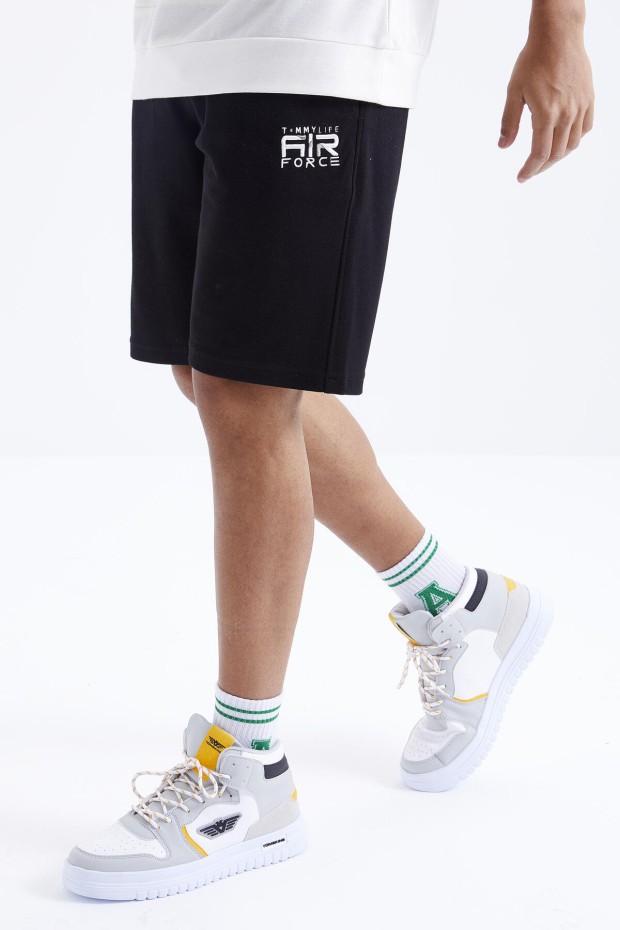 Tommy Life Ekru - Siyah Nakışlı Kapüşonlu Kanguru Cep Oversize Erkek Şort Takım - 85166. 7 Tommy Life Ekru - Siyah Nakışlı Kapüşonlu Kanguru Cep Oversize Erkek Şort Takım - 85166. 7