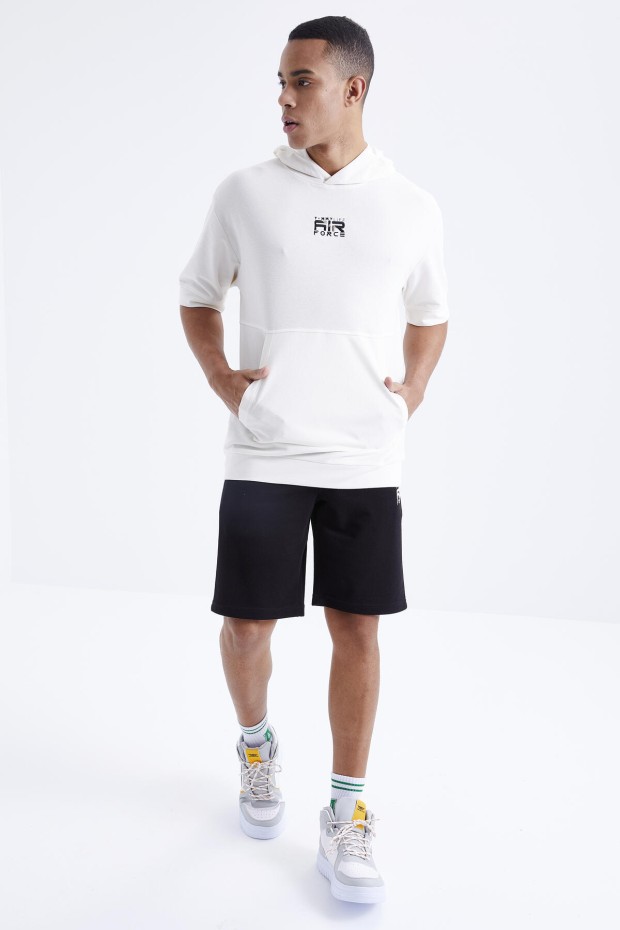 Tommy Life Ekru - Siyah Nakışlı Kapüşonlu Kanguru Cep Oversize Erkek Şort Takım - 85166. 8 Tommy Life Ekru - Siyah Nakışlı Kapüşonlu Kanguru Cep Oversize Erkek Şort Takım - 85166. 8
