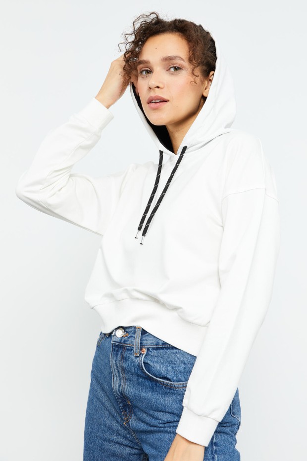 Ekru Uzun Kol Rahat Form Kapüşonlu Kadın Sweatshirt - 97115 - 1