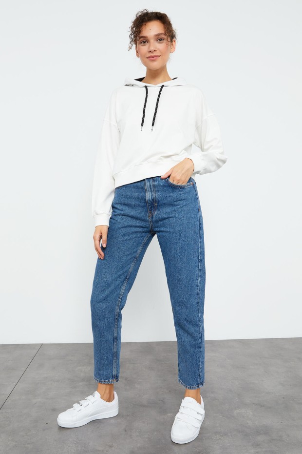 Ekru Uzun Kol Rahat Form Kapüşonlu Kadın Sweatshirt - 97115 - 2
