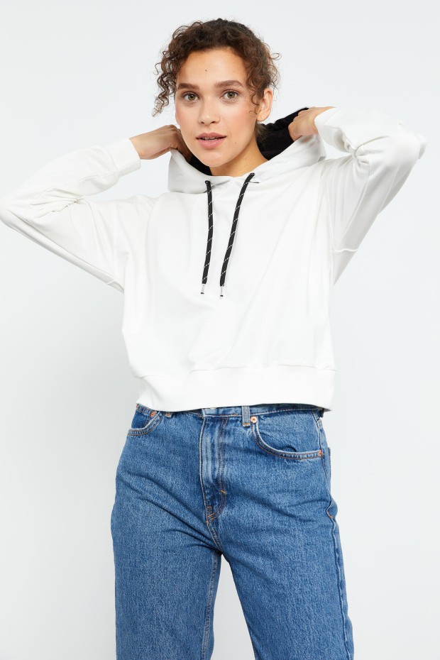 Ekru Uzun Kol Rahat Form Kapüşonlu Kadın Sweatshirt - 97115 - 3