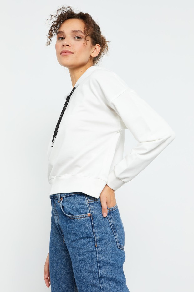 Ekru Uzun Kol Rahat Form Kapüşonlu Kadın Sweatshirt - 97115 - 4