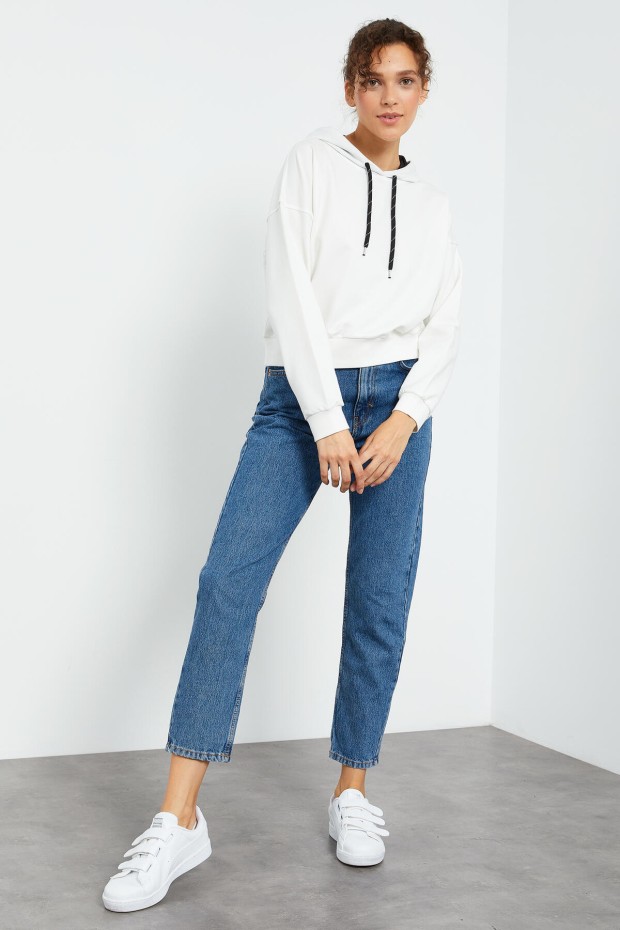 Ekru Uzun Kol Rahat Form Kapüşonlu Kadın Sweatshirt - 97115 - 5