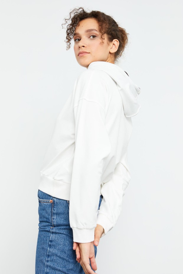 Ekru Uzun Kol Rahat Form Kapüşonlu Kadın Sweatshirt - 97115 - 6
