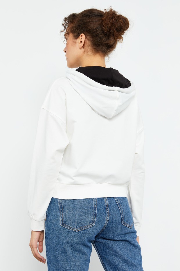 Ekru Uzun Kol Rahat Form Kapüşonlu Kadın Sweatshirt - 97115 - 7