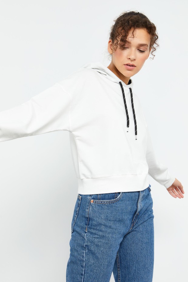 Ekru Uzun Kol Rahat Form Kapüşonlu Kadın Sweatshirt - 97115 - 8