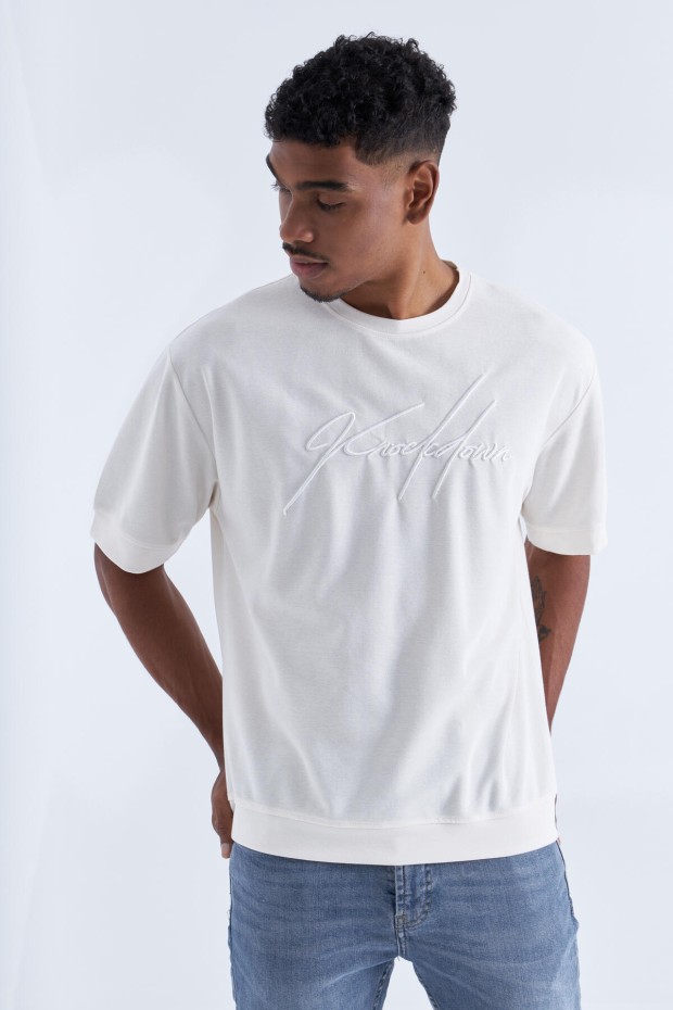 Tommy Life Ekru Yazı Nakışlı O Yaka Erkek Oversize T-Shirt - 88102. 6