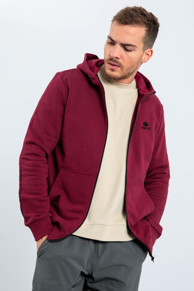 Tommy Life Erguvan Basic Kapüşonlu Rahat Form Nakış Detaylı Fermuarlı Erkek Sweatshirt - 88035. 1