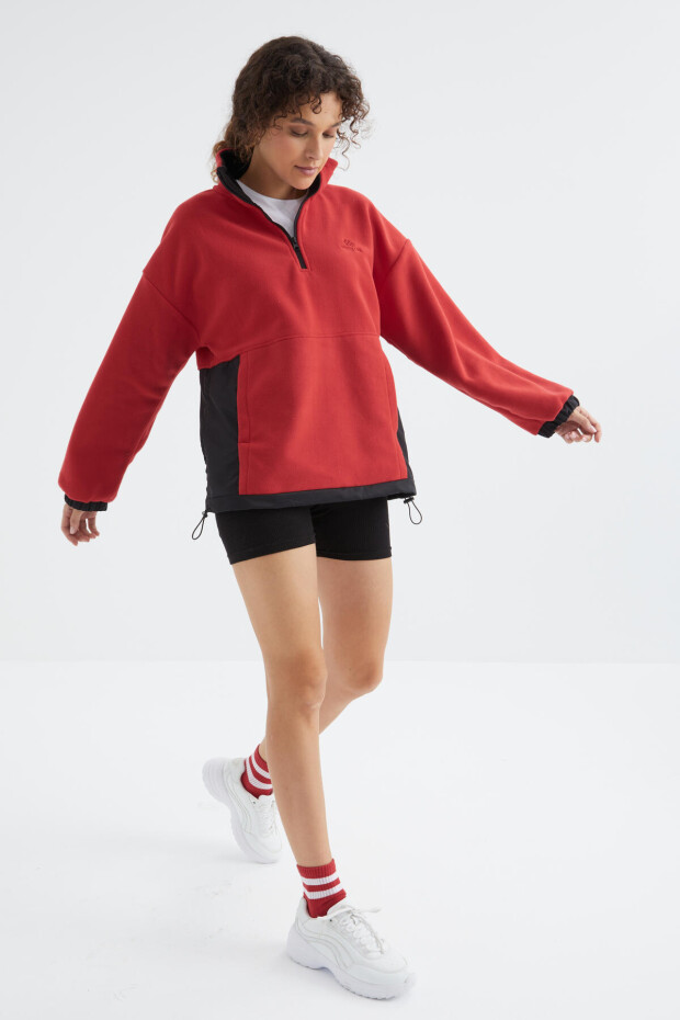 Fiesta Yarım Fermuar Etek Ucu Büzgülü Dik Yaka Oversize Kadın Polar Sweatshirt - 97236 - 4