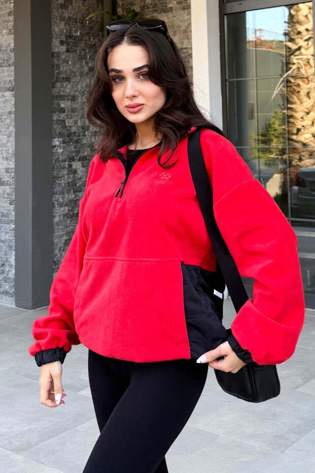 Fiesta Yarım Fermuar Etek Ucu Büzgülü Dik Yaka Oversize Kadın Polar Sweatshirt - 97236 - 1