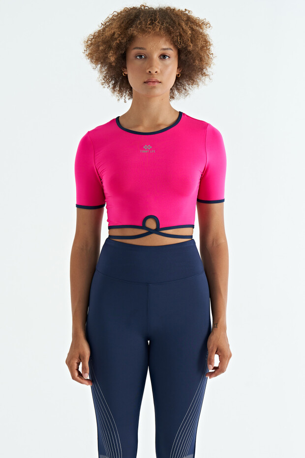 Fuşya Bel Bağlama Detaylı O Yaka Standart Kalıp Dalgıç Kumaş Kadın Crop T-Shirt - 97266 - 2