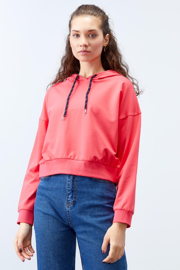 Fuşya Uzun Kol Rahat Form Kapüşonlu Kadın Sweatshirt - 97115 - 3