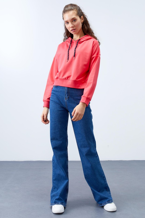 Fuşya Uzun Kol Rahat Form Kapüşonlu Kadın Sweatshirt - 97115 - 4