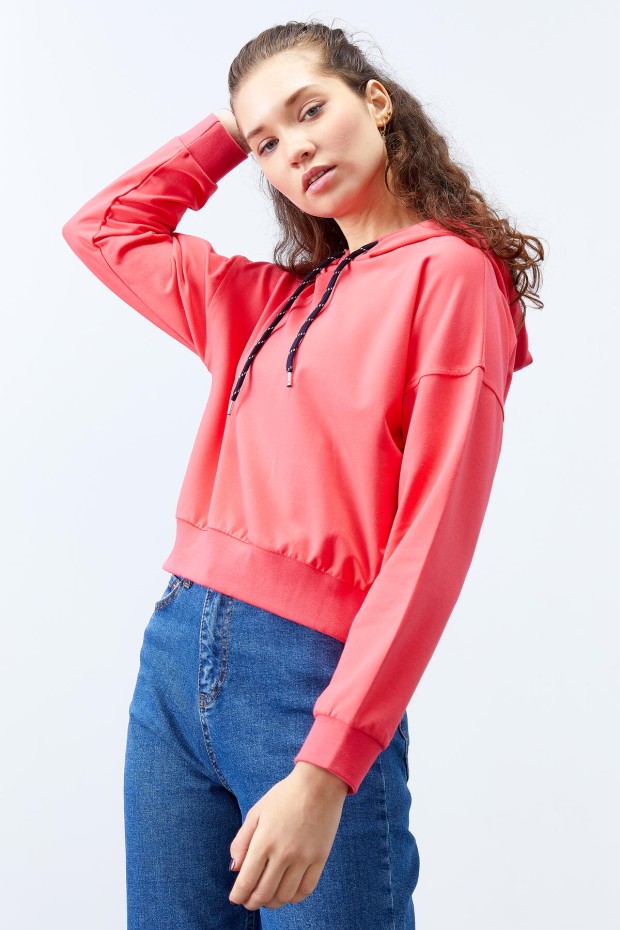 Fuşya Uzun Kol Rahat Form Kapüşonlu Kadın Sweatshirt - 97115 - 5