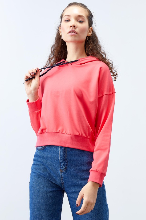 Fuşya Uzun Kol Rahat Form Kapüşonlu Kadın Sweatshirt - 97115 - 6