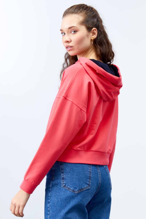 Fuşya Uzun Kol Rahat Form Kapüşonlu Kadın Sweatshirt - 97115 - 7